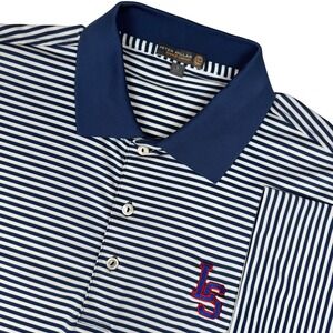 Peter Millar Summer Comfort Polo Shirt Striped Golf Mens L Blue White LS Logo